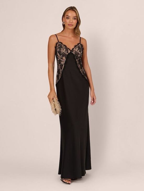 Adrianna Papell Dresses & Skirts - NWT Adrianna Papell Black Stretch Satin Lace Maxi Slip Gown Dress US 12